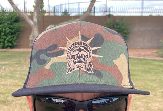 LIBERTY OR DEATH WOODLAND CAMO FLATBILL MESHBACK SNAPBACK