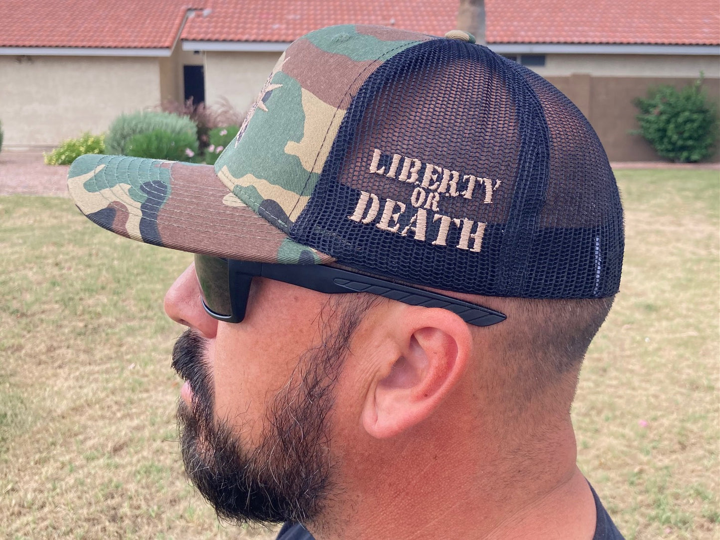 LIBERTY OR DEATH Woodland camo curvedbill meshback SnapBack